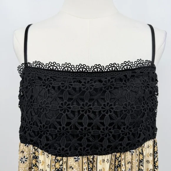 No Boundaries Lace Bodice Tiered Maxi Dress Floral Boho Black Tan L Cottagecore - Picture 3 of 7